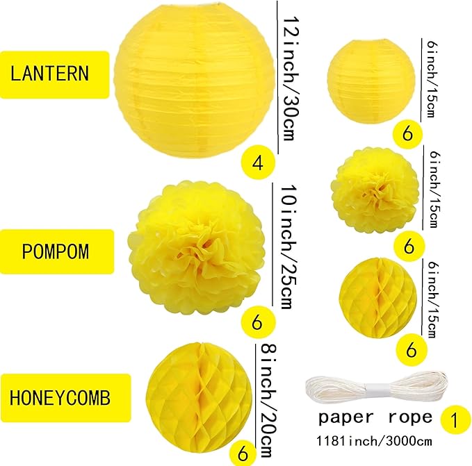 WOLHOWLTD Yellow Paper Decoration Set - 34 Pcs Paper Lanterns, Pompoms, Honeycomb for Wedding,Harvest, Summer Aloha Party, School Day,Baby Shower,Birthday Party Classroom,Home Decoration(Yellow)