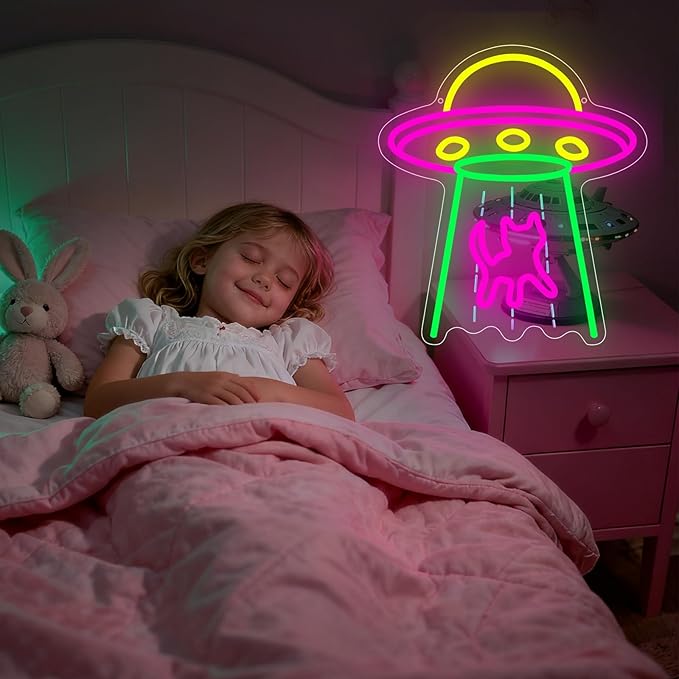 Cat Neon Sign, UFO Cat Spaceship Space Travel Led Neon Light Signs Cat Night Lamp for Astronomy Game Room Man Cave Party Decorations Bedroom Birthday Gift USB Powered(14.4” x 12.6")