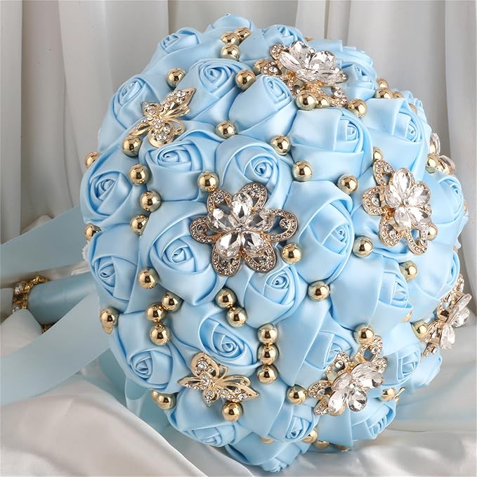 Bridal Wedding Bouquet for Bride Bridesmaid Wedding Quinceanera Throw Toss Artificial Rose Flower Bunch with Bling Brooch (66#Light Blue, Mini (Dia. 6.3"/16cm))