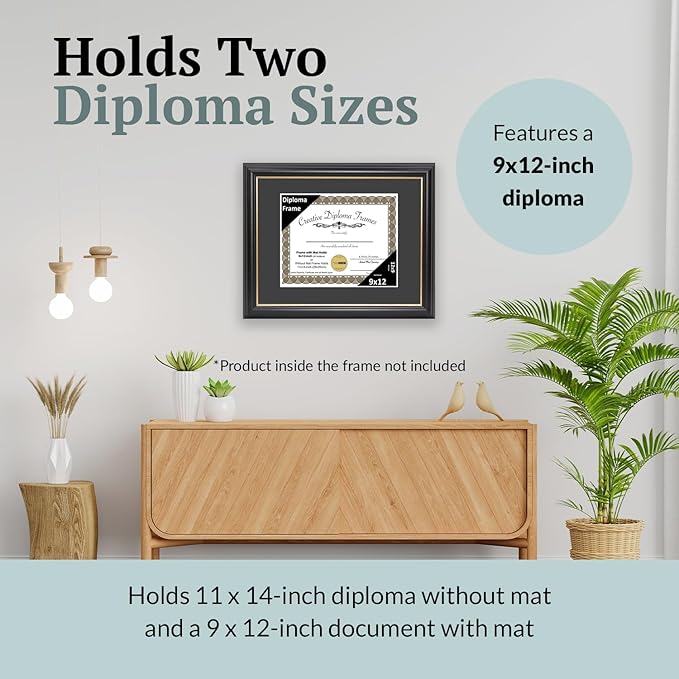 Creative Picture Frames 9" x 12" Rockefeller Black with Gold Rim Diploma Frame, Displays 9" x 12" Certificate or 11" x 14" Document without Mat, College Degree Frame, Full-Strength Glass, Black Mat