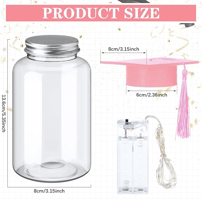 Boao 16 Sets Graduation Table Decoration Set with LED Light up Graduation Decorations for Class of 2026, Grad Jar, Felt Grad Hat and Stickers for High School College(Pink)
