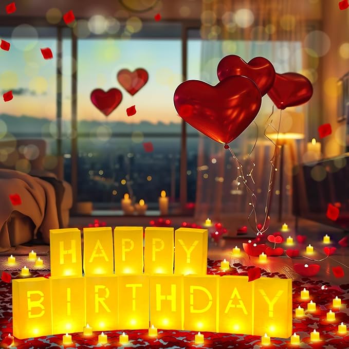 6085 Pcs Happy Birthday Light Up Letters with LED Flameless Tealight Candle Red Rose Petal Letter Luminary Paper Bag for Decoration Party Romantic Night Decor for Women Men