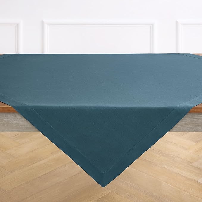 Solino Home Linen Square Tablecloth 52 x 52 Inch - 100% Pure Linen Peacock Blue Table Throw - Fete, Machine Washable Table Cloth for Winter