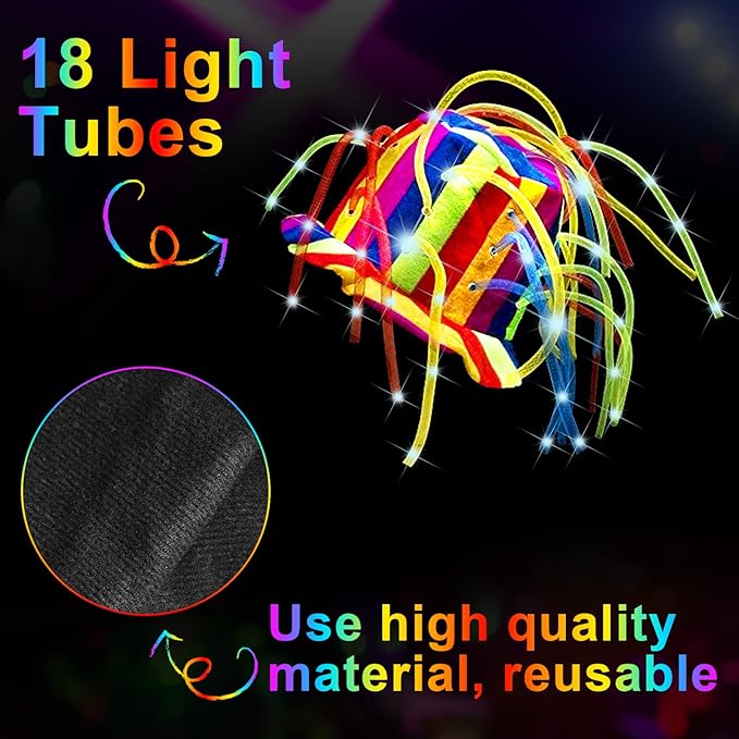 Wesiti 6 Pcs LED Funny Clown Crazy Hat Light up Jester Glow in Dark Crazy Hat Mardi Gras Noodle Hair for Adults Party Cosplay Costume Decor Supplies