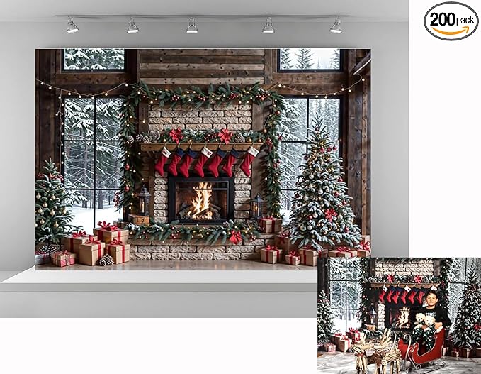 Kate 10x6.5ft Christmas Photo Backdrop Winter Fireplace with Stockings Decoration Snow Window Backgronds Christmas Tree Scene Xmas Party Background for Photography