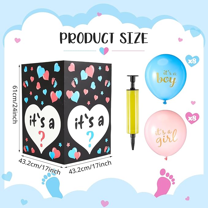 Ireer Gender Reveal Balloon Box with 16 Latex Baby Balloon Release Box Funny Ideas for Gender Reveal Party Decorations Supplies (Boy or Girl,Pink,Blue)