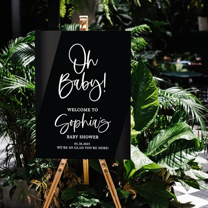 Andaz Press 16"x20" Black Acrylic Personalized Baby Shower Welcome Sign, Gender Neutral Large Oh Baby Sign for Easel Stand, Baby Shower Decorations