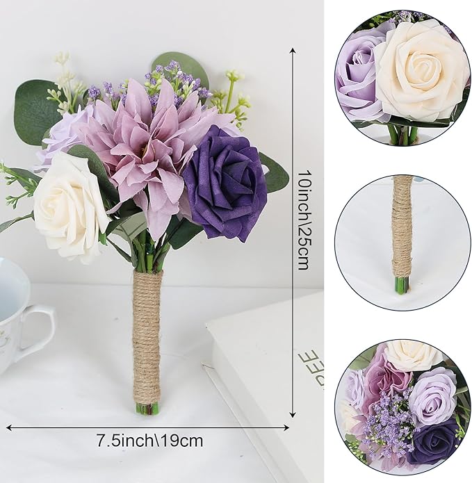 Artificial Bridesmaid Bouquets 2Pcs -7 Inch Bridesmaid Bouquets Fake Floral Silk Rose Handmade for Wedding Holding Flowers, Bridal Shower,Engagement Wedding Ceremony Anniversary - Lilac