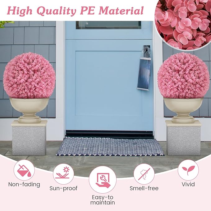 Goplus 17.5 Inch Topiary Balls Artificial Outdoor Set of 2, Faux Pink Eucalyptus Decorative Balls, Fake Plant Sphere, Round Artificial Plant Balls for Front Door, Porch, Backyard, Home Décor