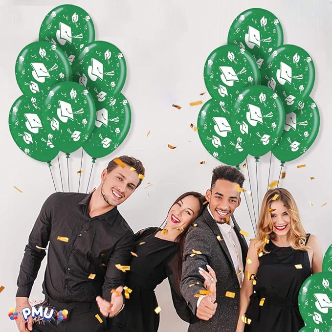 PMU 100 Pcs Emerald Green Graduation Balloons Class of 2025 with All-Over Print White Grad Caps-Confetti and Streamers | Graduation Party Supplies | Congratulations Grad Latex Balloons Latex