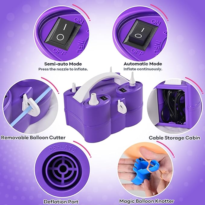 Electric Balloon Pump, 3-in-1 Portable Air Pump for Inflatables and Balloons, Dual Nozzle Balloon Blower Machine for Latex 260q Foil Balloons 110V Inflator Deflator for Pool Floats Air Mattress