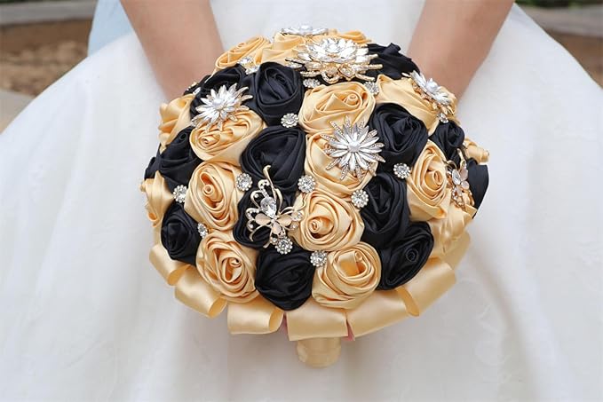 Khaki Black Small Bride Bouquet Wedding Handmade with Luxury Gold Rhinestone Brooch for Bride Bridesmaid Quinceanera Satin Rose Flower Bridal Wedding Bouquet Black and Khaki 6.3in