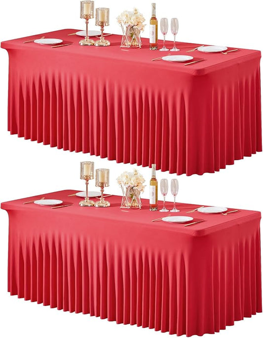 2 Packs Red Table Clothes for 4 Foot Rectangle Tables, Wrinkle Resistant Stretch Spandex Table Covers Fitted Tablecloth with Skirt for Valentines Wedding Birthday Party Event Banquet