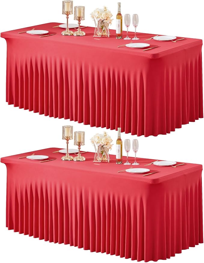 2 Packs Red Table Clothes for 8 Foot Rectangle Tables, Wrinkle Resistant Stretch Spandex Table Covers Fitted Tablecloth with Skirt for Valentines Event Banquet Wedding Birthday Party