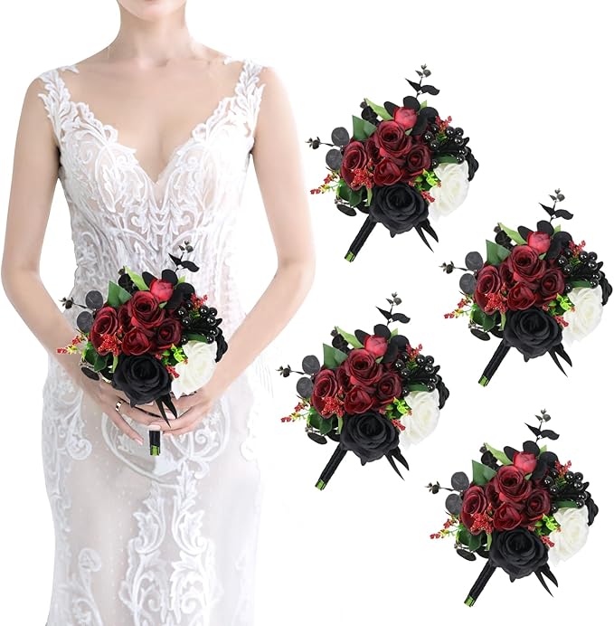 Bridesmaid Bouquets Set of 4 - Gothic Flowers Bouquet for Bridesmaids Halloween Marriage Proposal Party Ceremony Anniversary Dining Table Centerpiece Decor - Black and Red