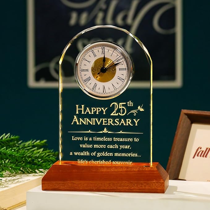 YWHL 25th Wedding Anniversary Clock Gifts for Couple, 25 Years Anniversary Keepsake Gift for Wife Husband, Table Clock Glass Presents with Wooden Light Base for Home Decoration (Battery not Included)