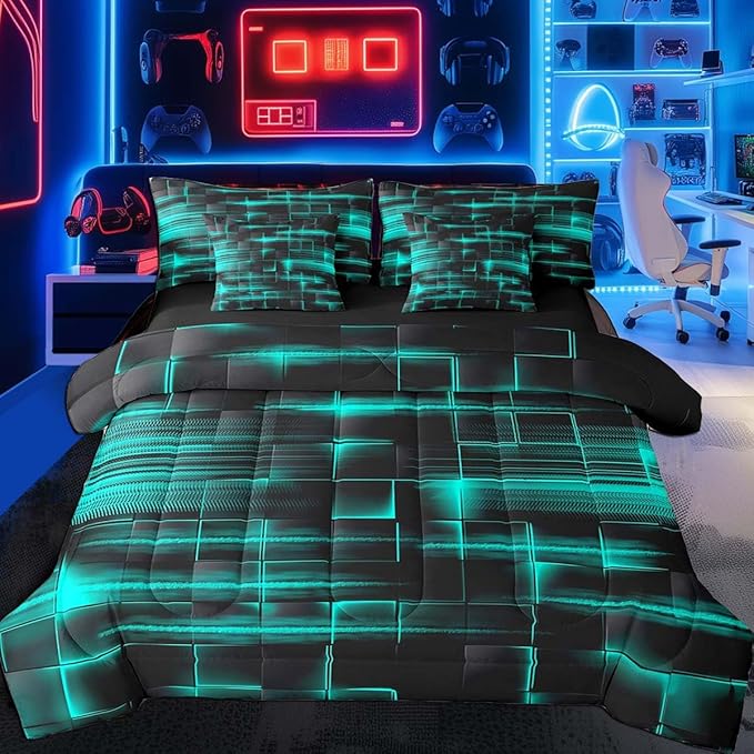 Feelyou TealBlue Black Bedding Set Full Size Boys Girls Geometric Strip Lines Comforter Set with Sheets 7 Piece forBed in a Bag Abstract Modern Bed Set with Comforter,Sheets,Pillowcases