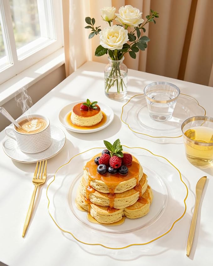 bUCLA 180PCS Clear Plastic Plates with Gold Trim - Clear Gold Plastic Dinnerware Include 30 Dinner & Dessert Plates, 30 Knives, 30 Forks, 30 Spoons and 30 Cups for Party
