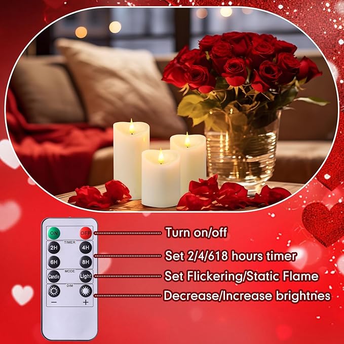 Retisee 3 PCS Valentine's Day Heart Pillar Candle - 4" 5" 6" LED Battery Operated Flameless Candle with Remote for Valentine Women Romantic Home Weeding Decoration Gift(Ivory)