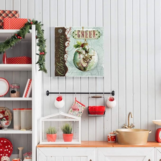 Renditions Gallery Christmas Cheer Ornament Wall Art, Cute Winter Decor, Festive Reindeer with Red & Green Holly, Premium Gallery Wrapped Canvas, Ready to Hang, 40 in H x 40 in W, Made in America