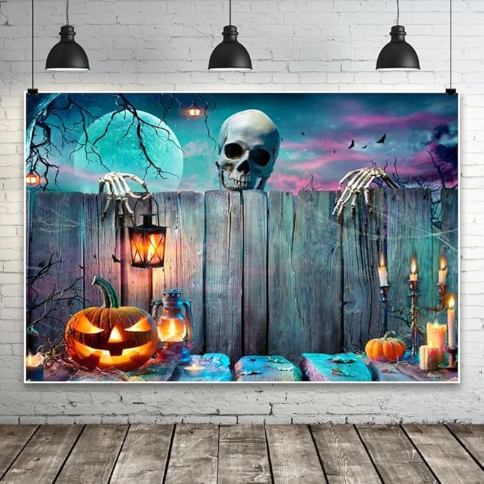 Halloween Skeleton Backdrop Full Moon Pumpkin Lantern Wooden Gloomy Photography Background Banner Horrible Spooky Night Party Decoration Backdrops Studio 10x7FT Wallpaper
