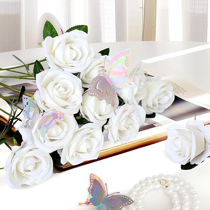 50 Pcs Fake White Roses Artificial Flowers Bulk, Faux Velvet Silk Rose Bouquet with Long Stems Real Look for Wedding Party Centerpieces Vases Decor