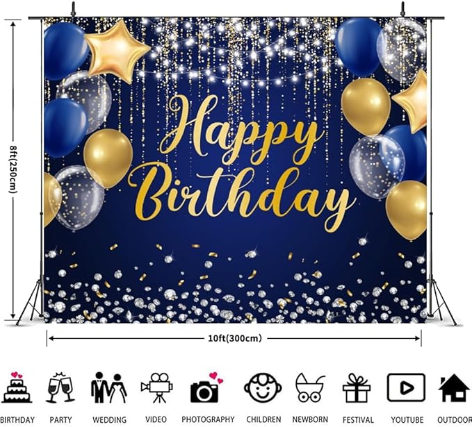 Navy Blue and Gold Happy Birthday Backdrop 10x8ft Royal Blue Birthday Banner Large Happy Background Decorations Supplies for Men Women Boys Girls