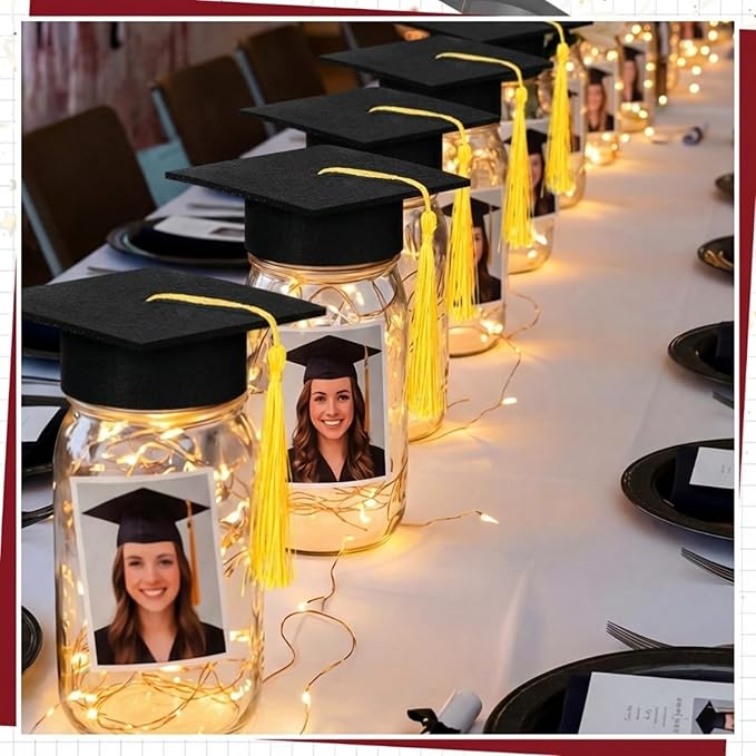 Boao 16 Sets Graduation Table Decoration Set with LED Light up Graduation Decorations for Class of 2026, Grad Jar, Felt Grad Hat and Stickers for High School College(Black)