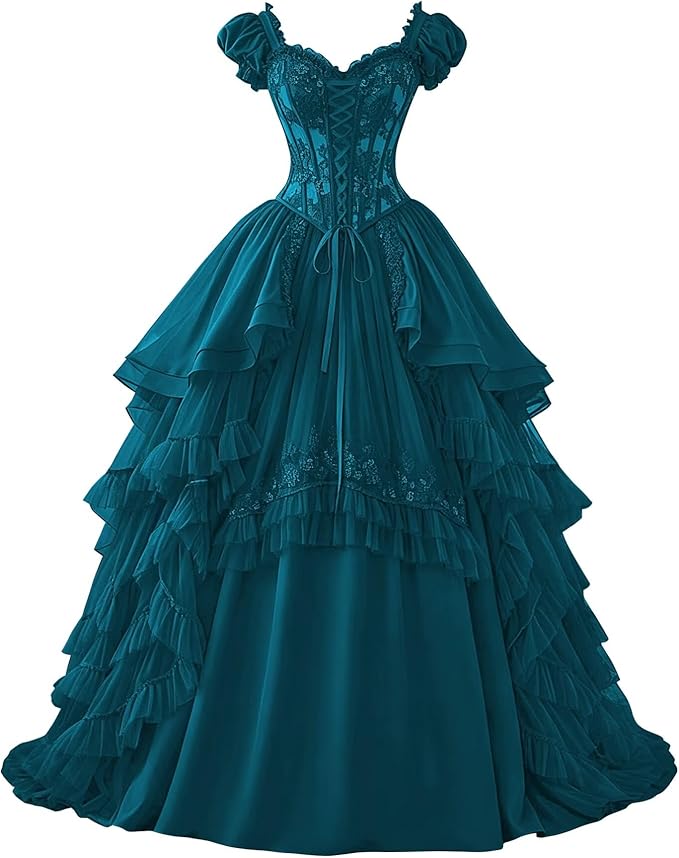 Ftupza Gothic Wedding Dresses Lace Appliques 1800s Victorian Dresses for Women Layered Tulle Prom Dress Long Ball Gown
