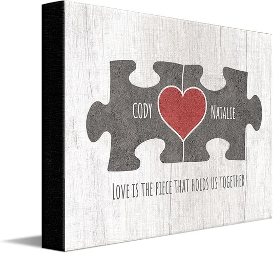 Personal-Prints LOVE PUZZLE - GRAY | Personalized Romantic Canvas Art Gift with Your Names | Custom for Valentine’s Day or Wedding Anniversary (16"x20" Stretched Canvas)