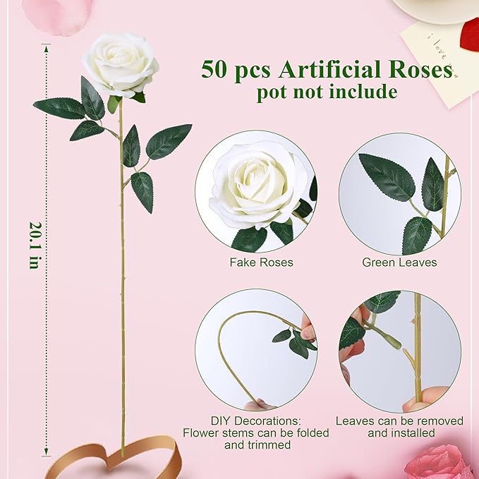 50 PCS Ivory Roses Artificial Flowers, Fake Roses with Stem Realistic Silk Roses for DIY Wedding Bouquets Tables Centerpieces Arrangements Baby Shower Birthday Home Decor Valentine's Day Gift for Her
