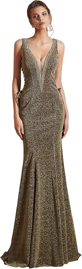 Women's Double V-Neck Sequins Lace-up Mermaid Evening Dress