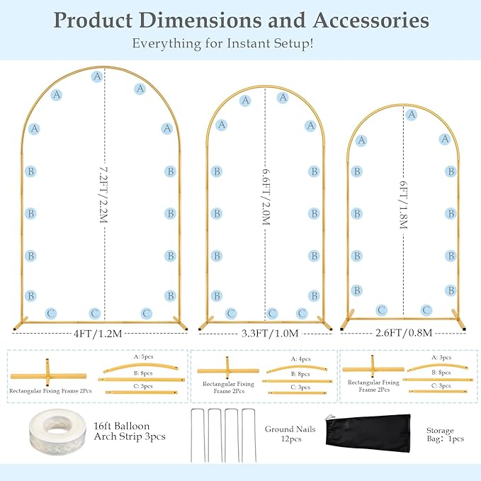 DEVISEFUN Arch Backdrop Stand, 7.2FT, 6.6FT, 6FT Set of 3 Metal Gold Wedding Balloon Arch Stand Kit with Base for Gender Reveal Ceremony Bridal Graduation Party Event Background Decoration