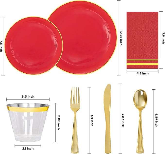 NOCCUR 350PCS Red Plastic Plates - Disposable Red Gold Dinnerware Set for 50 Guests, 100 Dinner/Dessert Plates, 150 Gold Silverware, 50 Cups&50 Napkins for Party/Wedding/Valentines Day