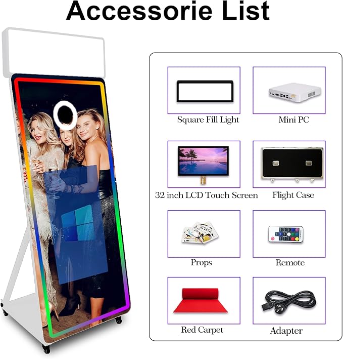 Magic Mirror Photo Booth,Mirror Photo Booth Interactive Touch Screen with Flight Case, Built-in Mini PC with Instant Print and Sharing for Event Party Wedding Rental (White, 32''Screen Full set)