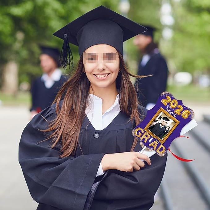 Personalized Graduation Double Sided Face Fan Class of 2026 Customized Graduation Head Face Cutout with Handle Fun Photo Prop Supplies(A-Purple and Gold,24pcs)