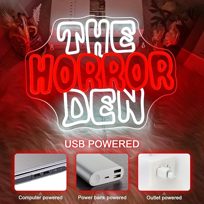 NOSUN The Horror Den Neon Sign Light for Happy Halloween Wall Decor for Man Cave Dimmable USB Neon Lights for Horror Party Club Game Room Torror Movies Lover Home Wall Decor