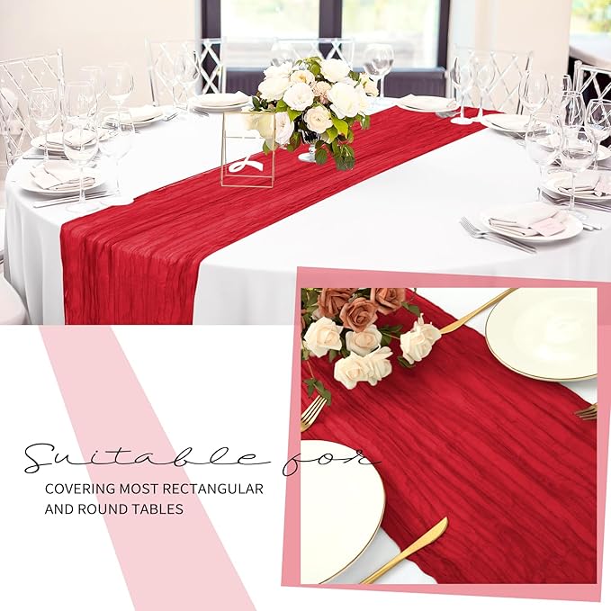 12 Pack Cheesecloth Table Runner 20 x 120 inch Cheese Cloth Table Runner Bulk,Romantic Boho Sheer Gauze Fabric Table Runners for Wedding Reception,Party,Bridal Shower Table Decor(Red)