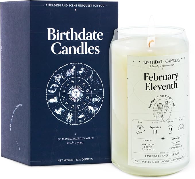 Birthdate Candles, February 11 - Aquarius Zodiac Scented Candles Birthday Gift - Lavender, Sage & Neroli Scent - All-Natural Soy & Coconut Wax, 60-80 Hour Burn Time - Made in USA