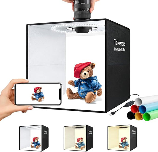 Takerers 12"x12"x12" Photo Studio Light Box Photography Booth with 120 LEDs, 3000-5700k Adjustable, 6 Color Backdrops, Dimmable Folding Shooting Tents for Product