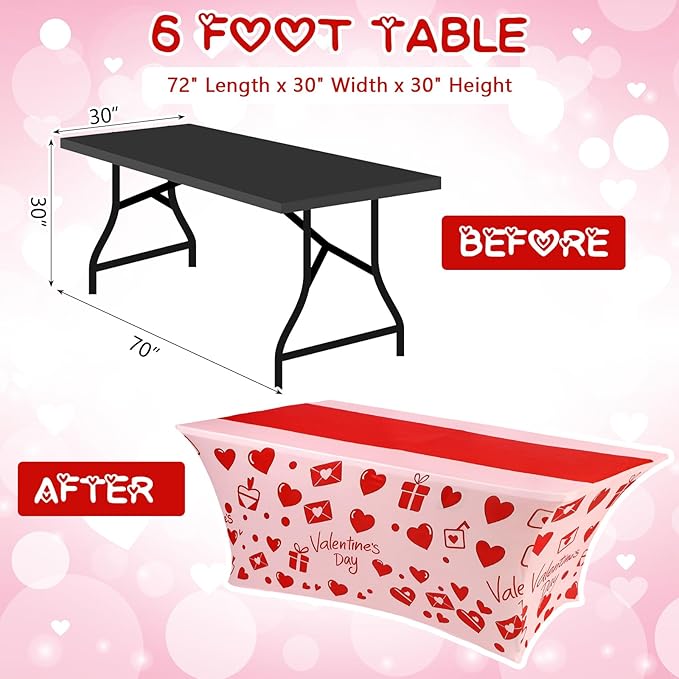 Oudain 2 Pcs Valentine's Day Stretch Table Cover 6 Feet Red Heart Valentine's Day Spandex Table Clothes Sport Theme Party Decorations for Holiday Party Celebration Picnic Dinner Decor