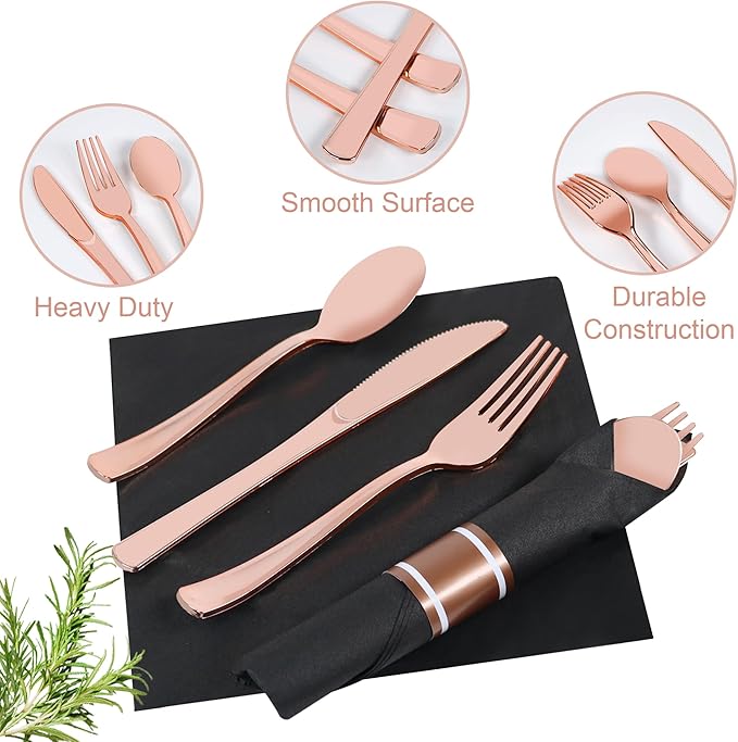 800 PCS Pre Rolled Cutlery Sets, Premium Rose Gold Plastic Flatware Set Wrapped in Black Napkin, Disposable Cutlery Set with 200 Forks, 200 Knives, 200 Spoons, 200 Napkins for Wedding, Party, Dinner