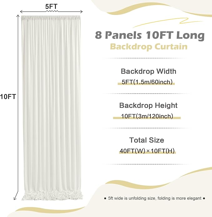 40ft x 10ft Wrinkle Free Ivory Backdrop Curtain for Parties, 8 Panels 5x10ft Silky Polyester Ivory Wedding Backdrop Drapes Photo Back Drop Cloth for Birthday Baby Shower Photography Background