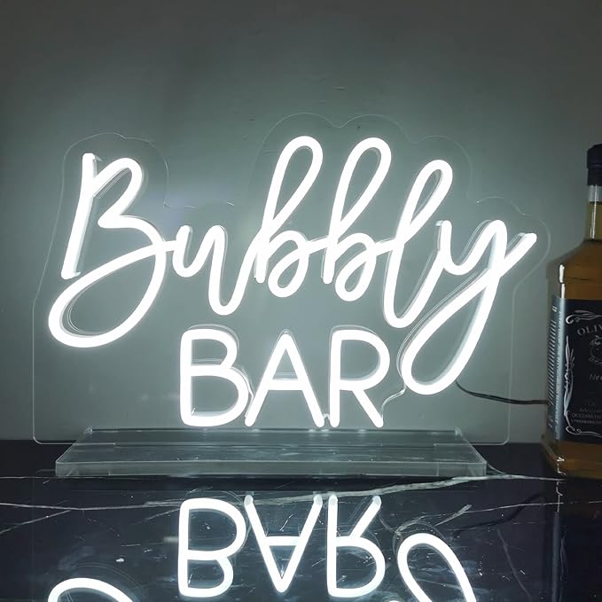 Bubbly Bar Neon Sign Tabletop, Handmade White Wedding LED Neon Light with Stand for Wedding Engagement Event Party Baby Bridal Shower Home Champagne Mimosa Bar Reception Table Sign - 15''
