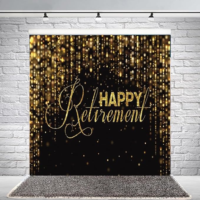 8x8ft Happy Retirement Photography Backdrop Luxury Black and Gold Party Backdrop Background Gold Glitter Celebrate Retirement Party Decorations Wallpaper Studio Props Bokeh Banner Supplies