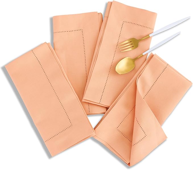 Solino Home Cotton Linen Napkins Set of 4 - Hemstitch Peach Bloom Dinner Napkins Cloth 20 x 20 Inch for Valentines, Spring, Easter - Handcrafted and Machine Washable
