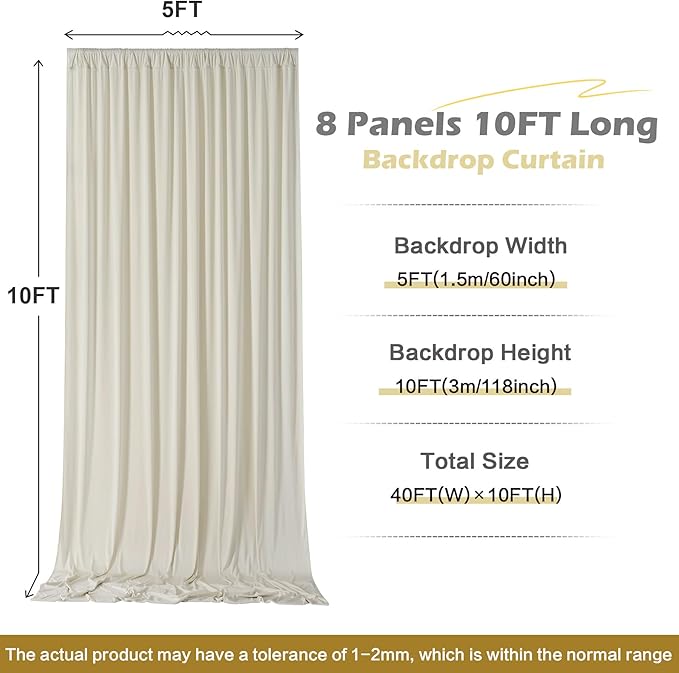 40 ft x 10 ft Wrinkle Free Champagne Backdrop Curtain for Parties, 8 Panels 5x10ft Silky Polyester Wedding Backdrop Drapes Photo Back Drop Cloth for Birthday Baby Shower Photography Background