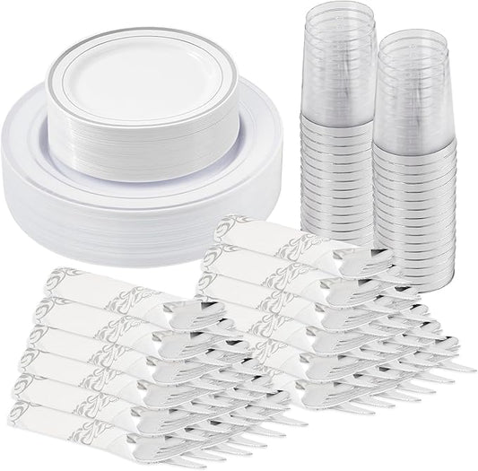 175 Pcs Silver Disposable Plates for 25 Guests, Disposable Plastic Plates, Dinnerware Set Include 25 Dinner Plates, 25 Salad Plates,25 Cups, 25 Paper Napkins for Party, Wedding, New Year