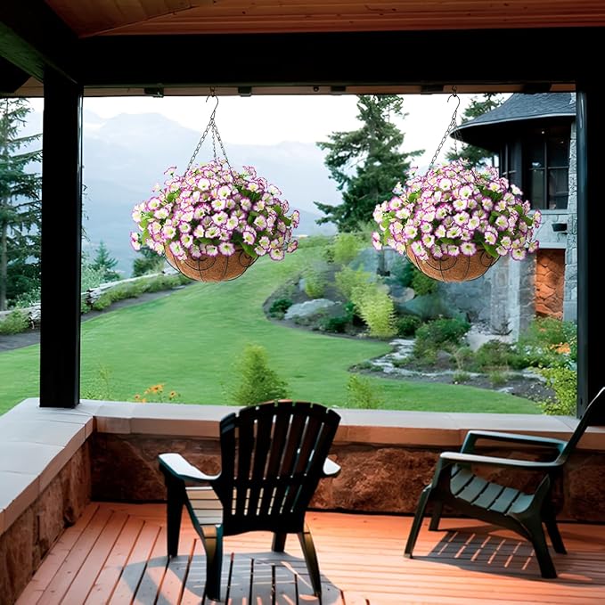Homsunny Artificial Hanging Flowers in Basket,12 inch Silk Flower Coconut Lining Hanging Baskets,Fake Hanging Plants in for Outdoors Indoors Courtyard Decor(Light Purple)
