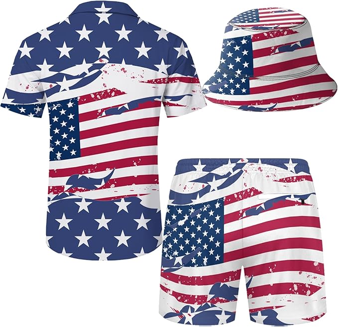 Men's Hawaiian Shirt and Shorts Set 2 Piece Beach Outfits with Bucket Hats for Beach Days and Summer Vibes
